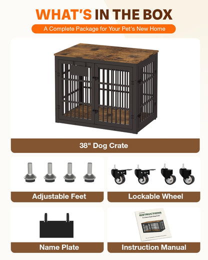 YODOLLA 38" Dog Crate Furniture Heavy Duty Dog Kennel Indoor with Name Tag