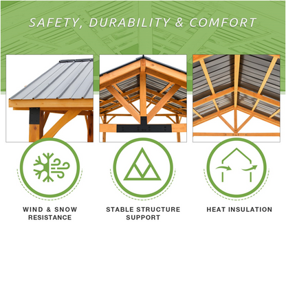 YODOLLA 14' x 12' Wooden Gazebo with Thermal Insulated Polycarbonate Pyramid Hip Roof