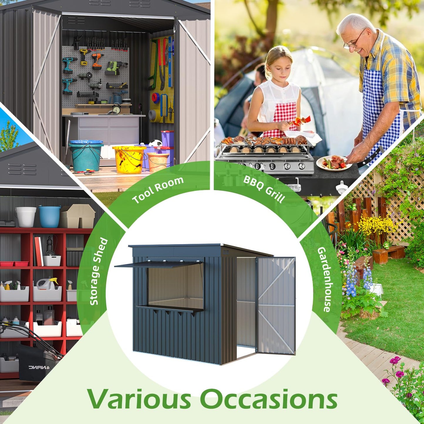 YODOLLA 8x4 FT Outdoor Storage Shed with Bar Counter, 2-in-1 Patio Metal Backyard Bar & Tool Storage Cabinet