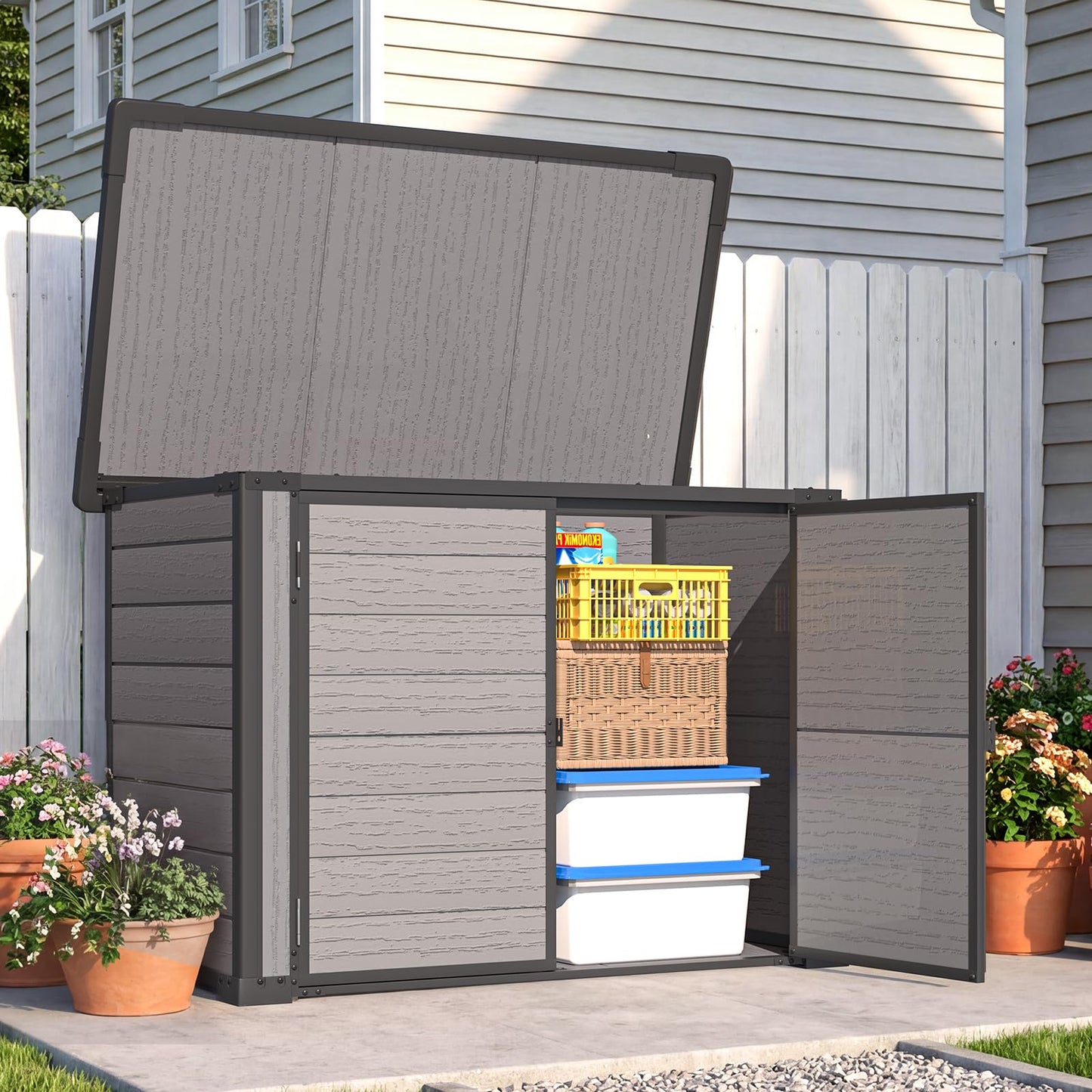 YODOLLA 23 Cu.Ft Storage Cabinet Resin Outdoor Plastic Trash Can Storage Shed