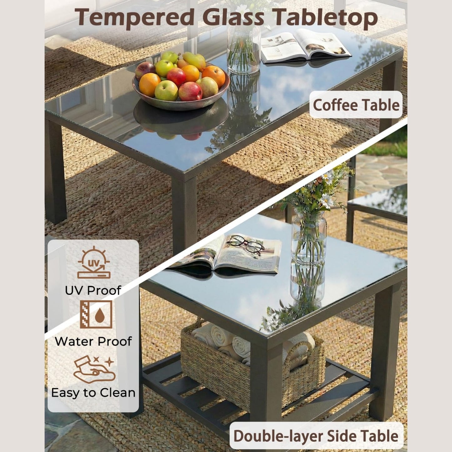YODOLLA Metal Patio Furniture Set 7 Seats Modern Outdoor Furniture with Coffee Table & Side Table