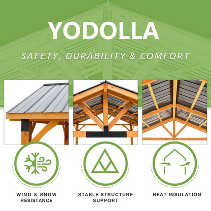 YODOLLA 14' x 12' Wooden Gazebo with Thermal Insulated Polycarbonate Pyramid Hip Roof