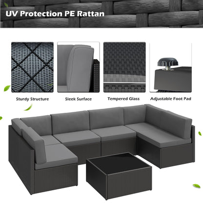 YODOLLA 7-Piece Outdoor Patio Furniture Set with Cushions and Tea Table, Black & Grey
