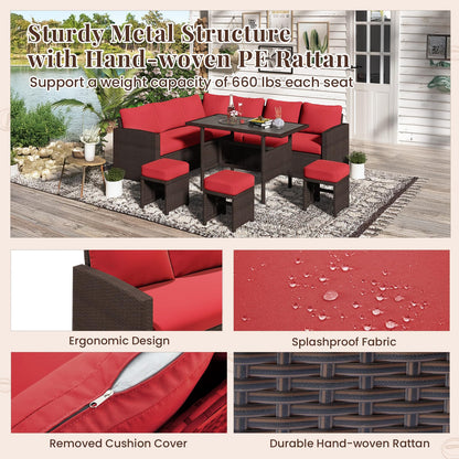YODOLLA 7-Pc Patio Furniture Set Sectional Sofa Set with Dining Table, Brown Rattan & Red Cushion