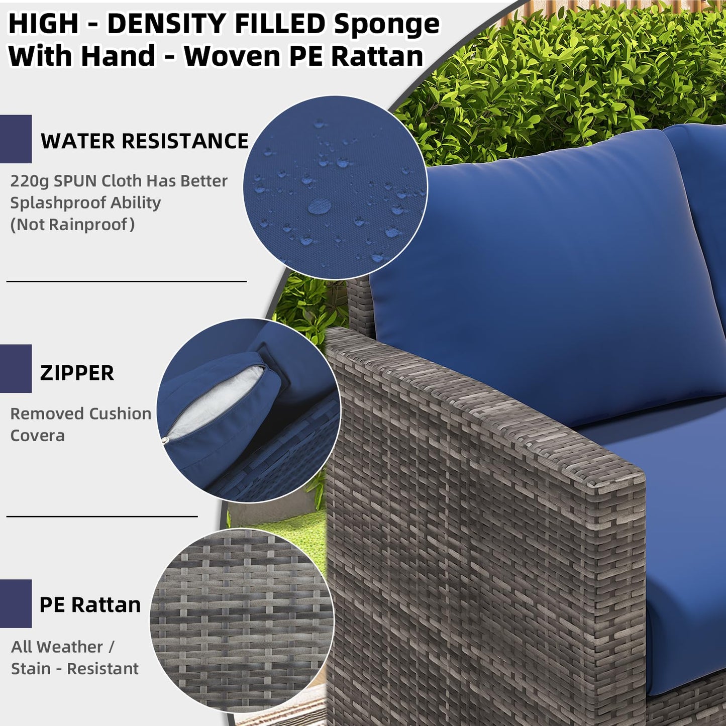 YODOLLA 7-Pc Patio Set, Grey Rattan & Blue Cushion