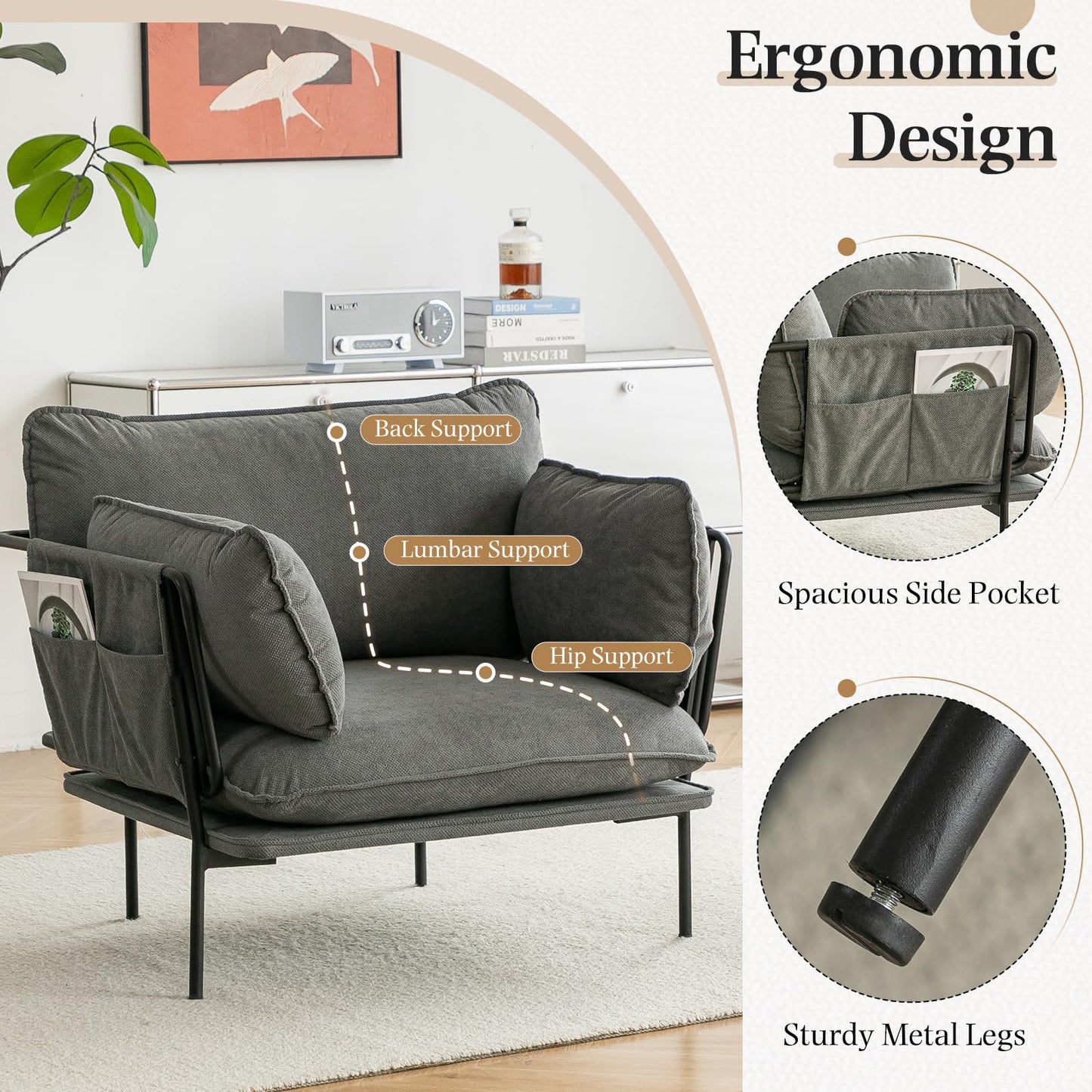 YODOLLA Modern Accent Chair with Wide Seat, Armchair, Grey