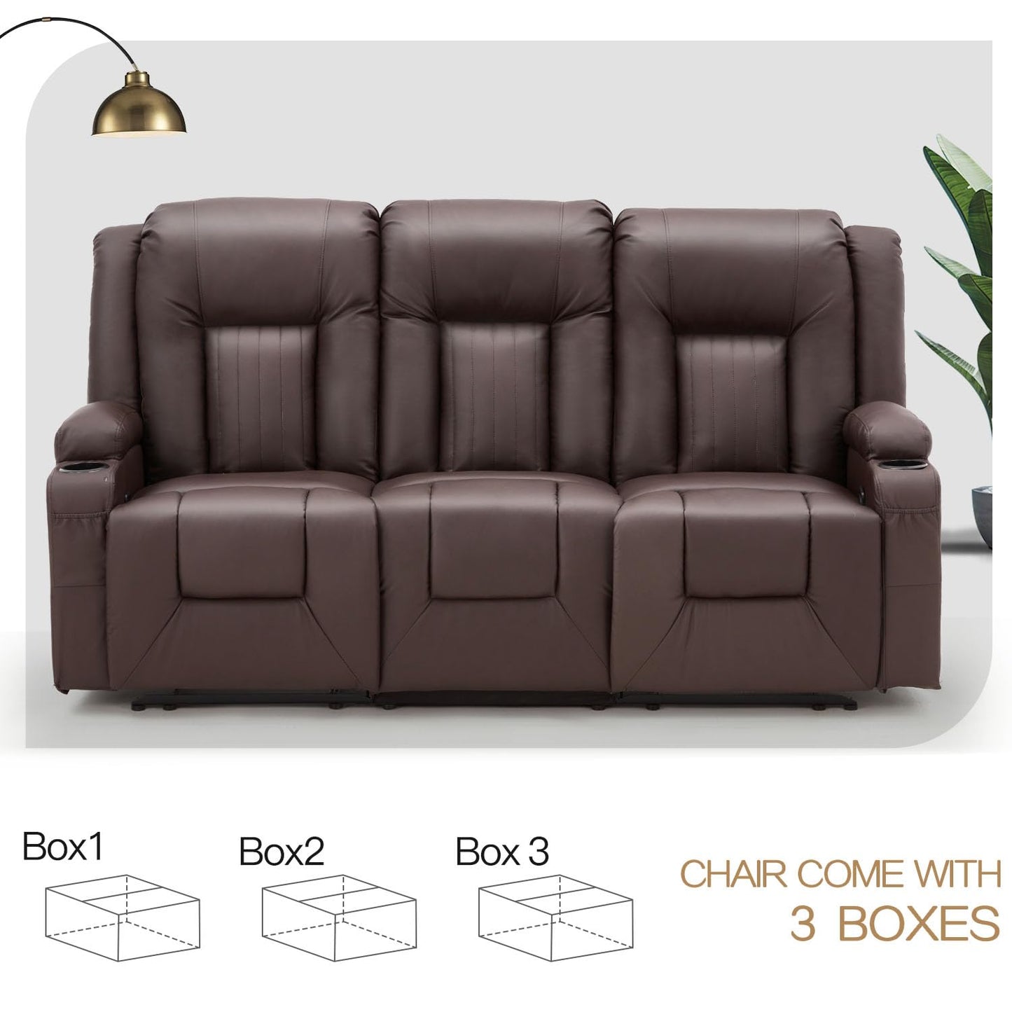 YODOLLA 77" Recliner Sofa Theater Seating with Cup Holders&Side Pockets, Brown