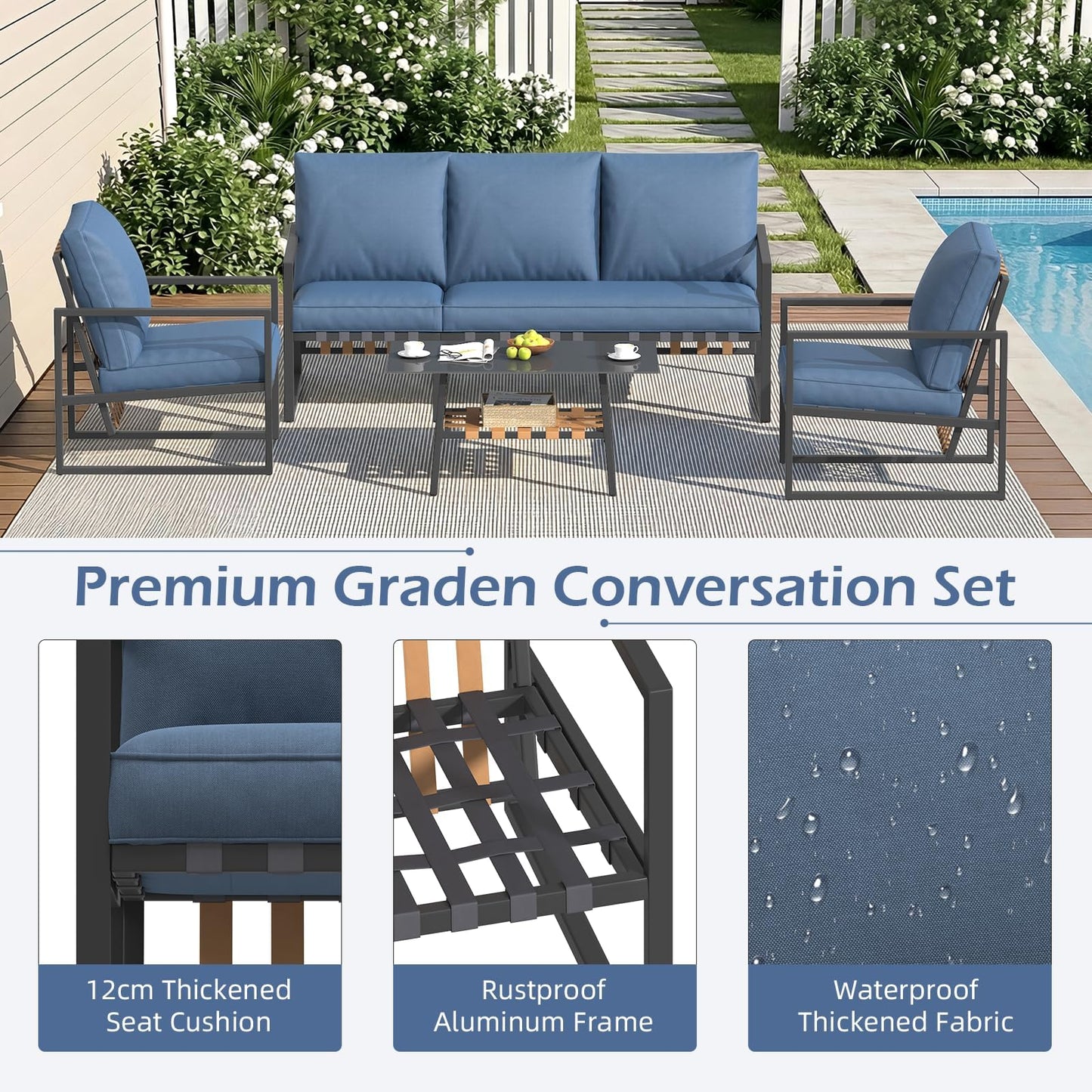 YODOLLA 4 Piece Outdoor Garden Furniture Set, 3-Seater Sofa & 2 Armchairs