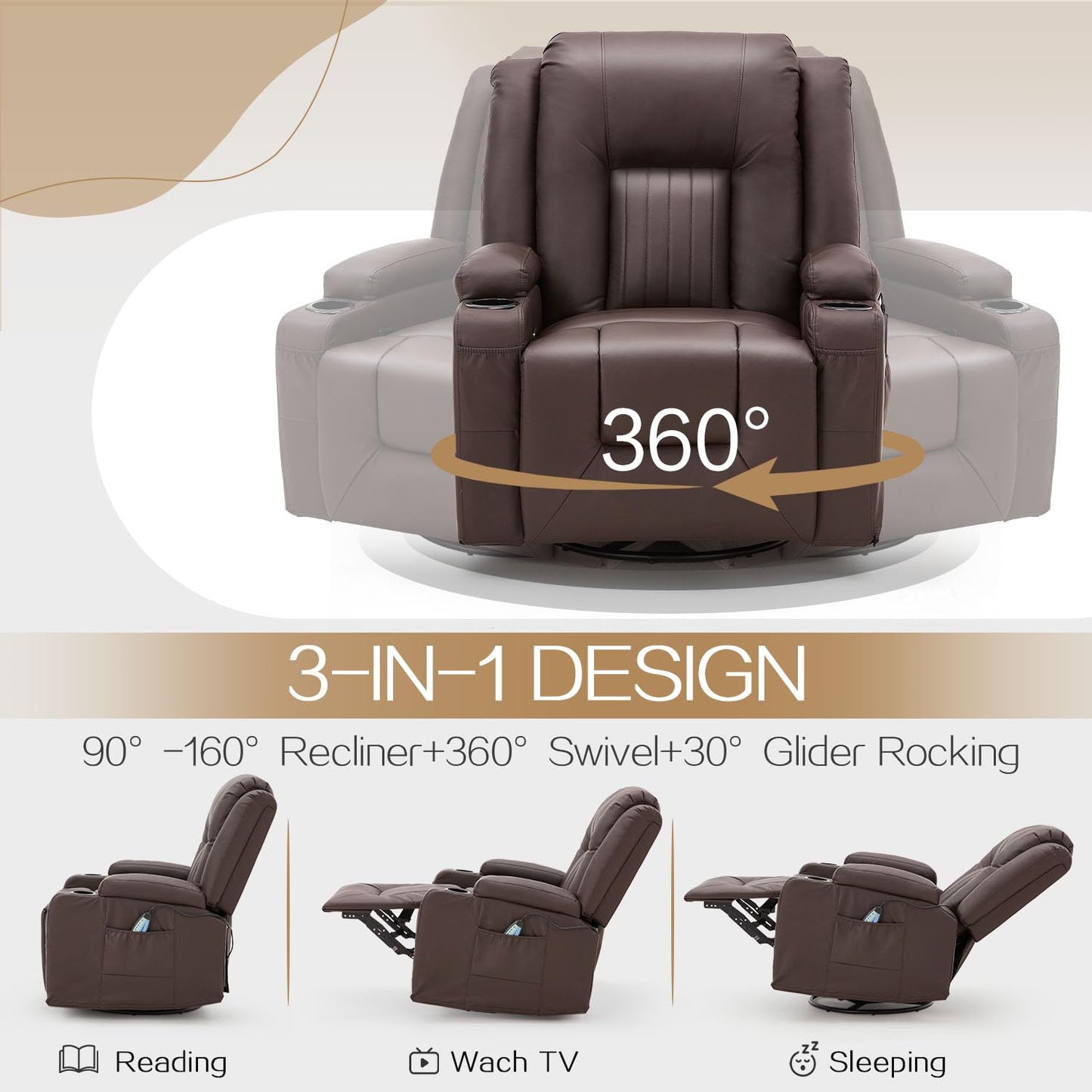 YODOLLA Recliner Chair with Heat&Massage, PU Leather Brown