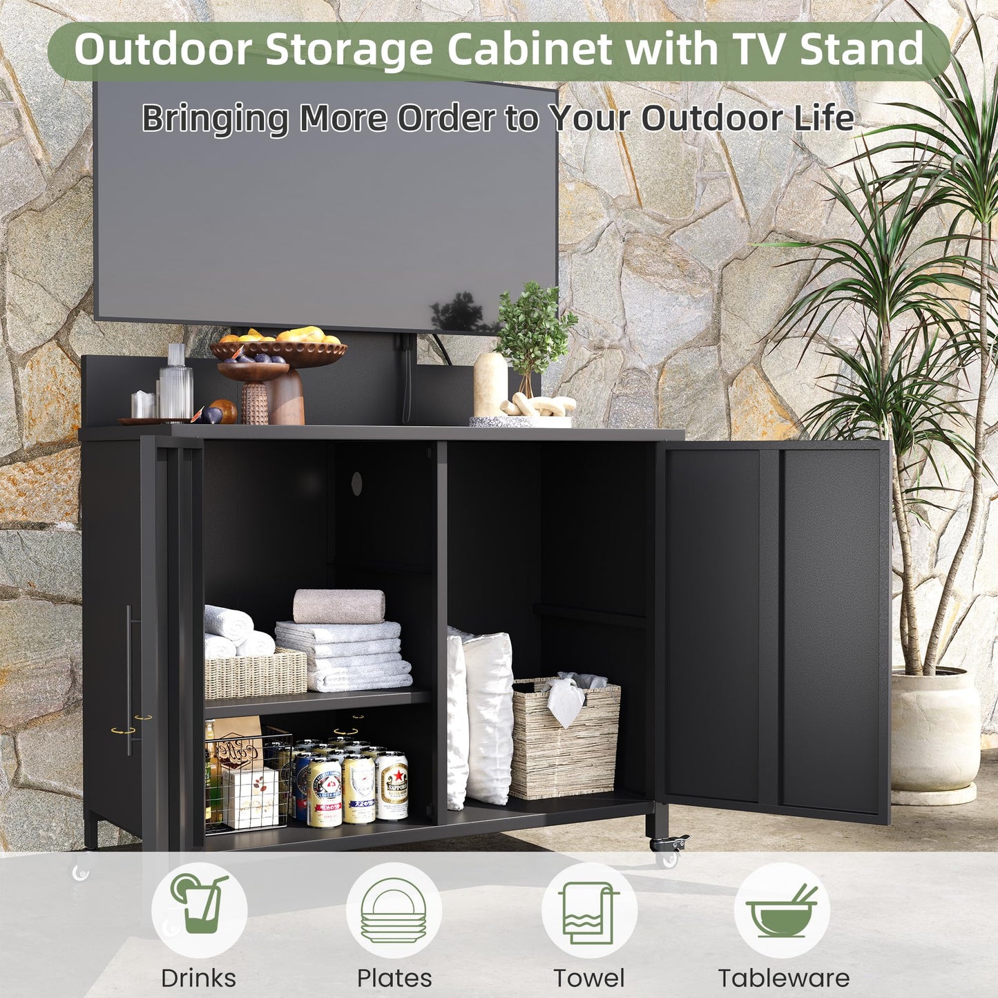 YODOLLA Mobile TV Stand on Wheels Outdoor Storage Cabinet with TV Mount