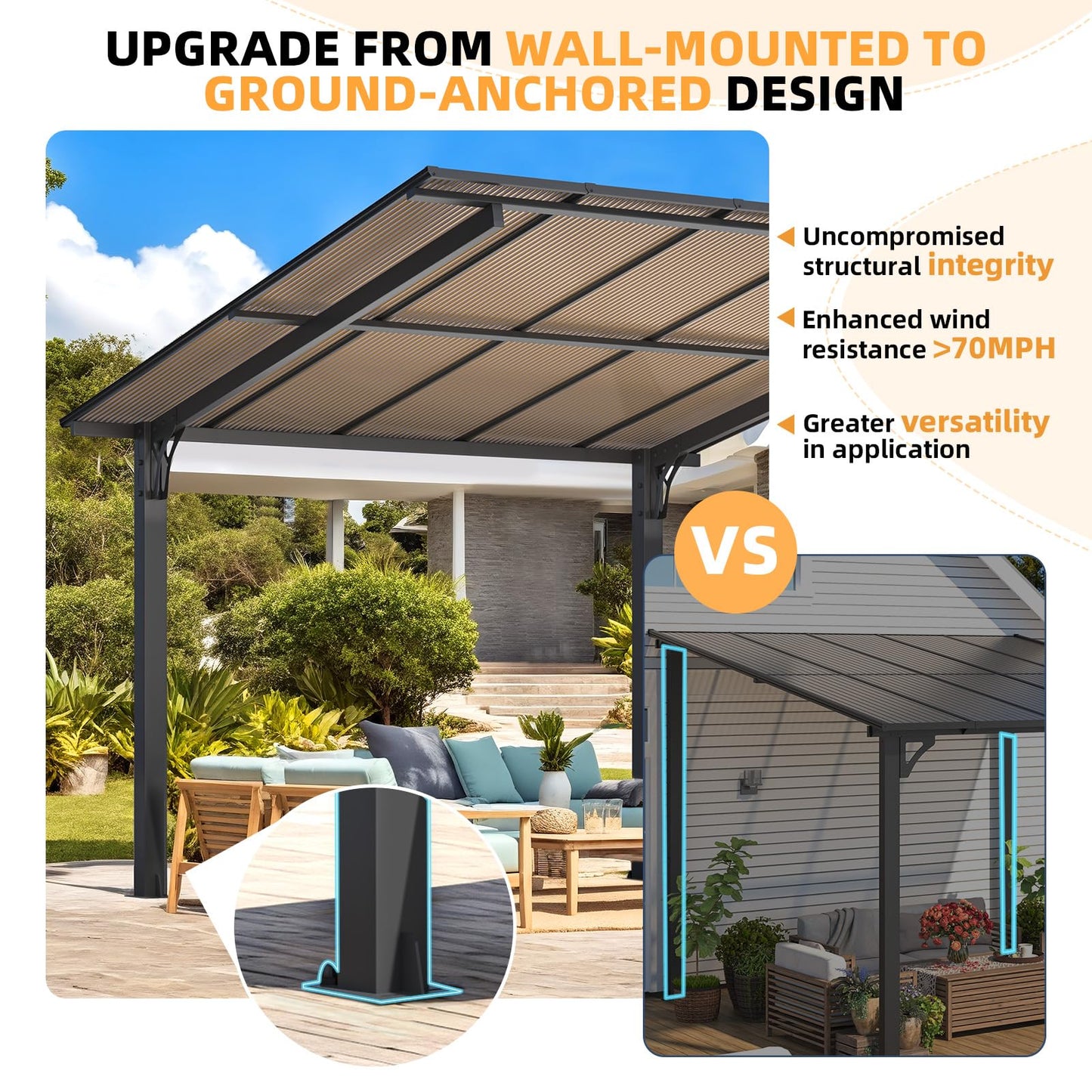 YODOLLA 14' x 10' Gazebo for Patio, Hard Top Lean to Gazebo Pergola Carport