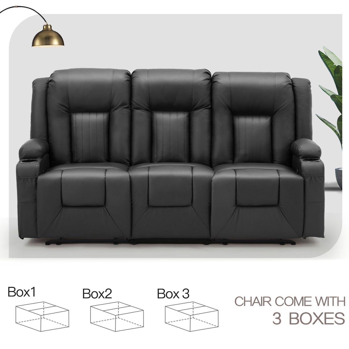 YODOLLA 77" Recliner Sofa Theater Seating with Cup Holders&Side Pockets, Black