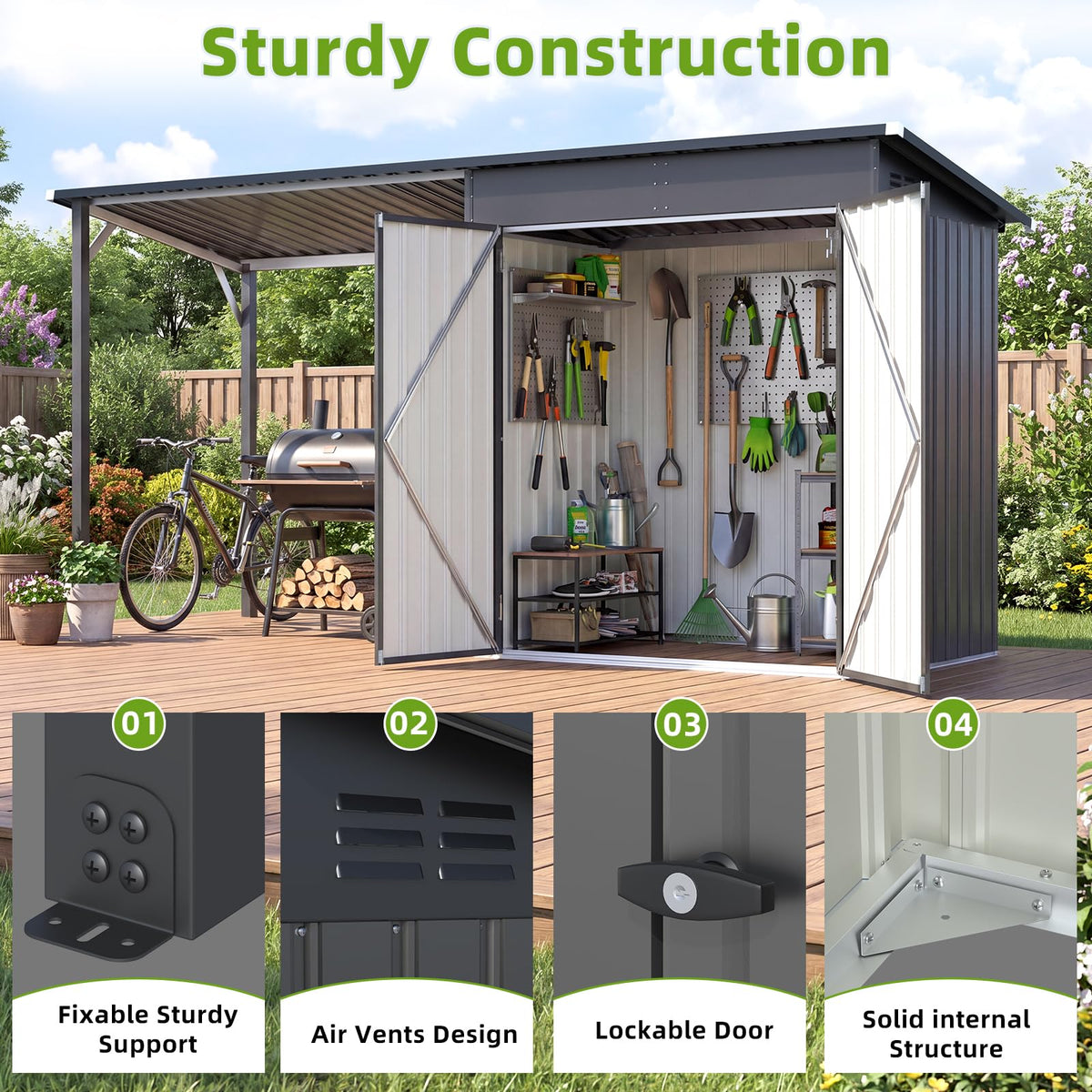 YODOLLA 8' x 4' Outdoor Open-Sided Metal Storage Shed with 56 Sq. Ft Covered