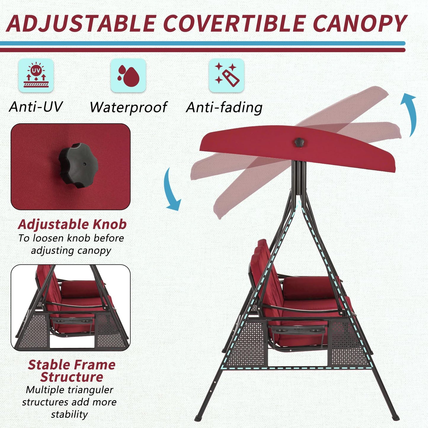 YODOLLA  3-Seat Patio Porch Swing Chair, Red