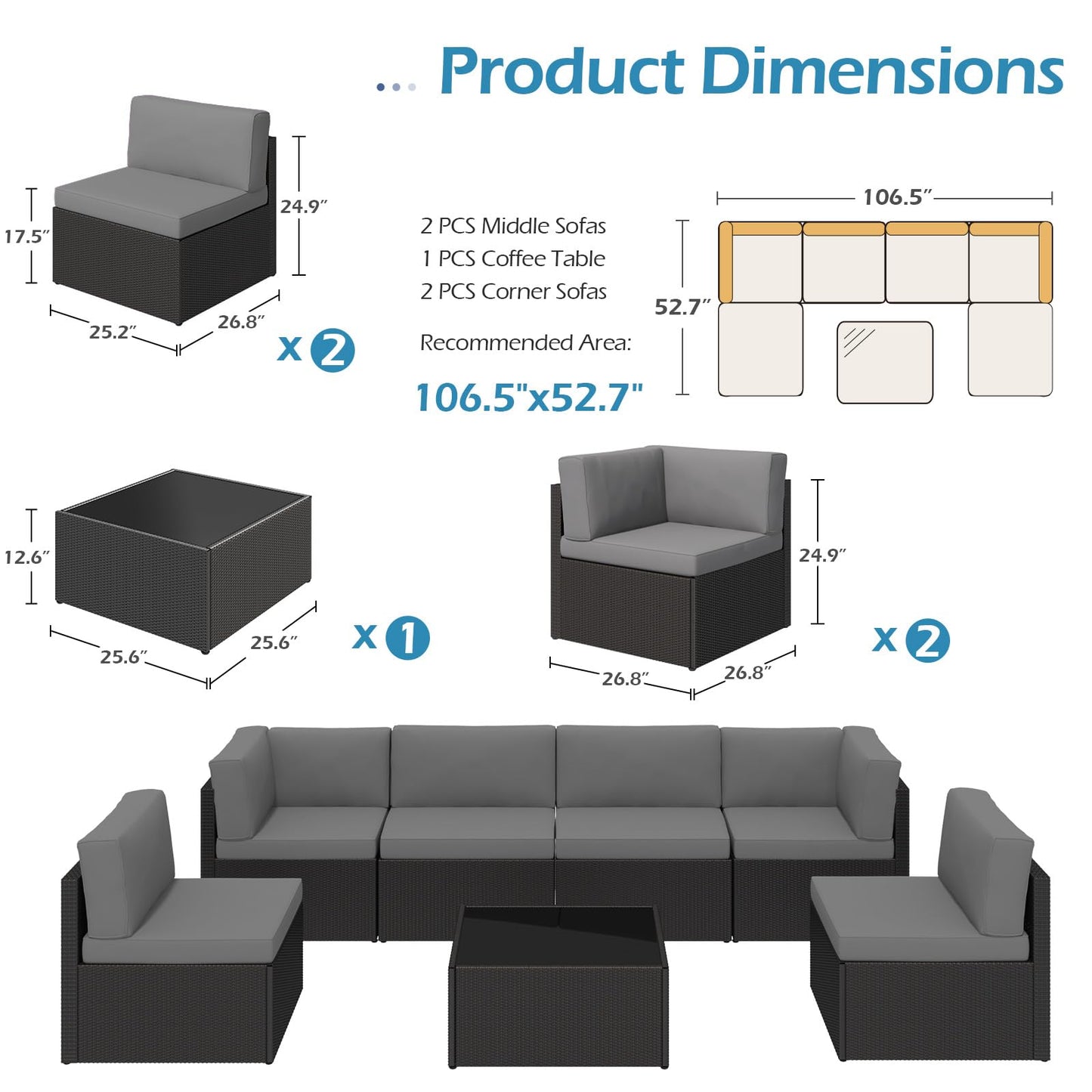 YODOLLA 7-Piece Outdoor Patio Furniture Set with Cushions and Tea Table, Black & Grey