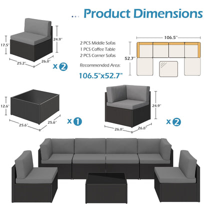 YODOLLA 7-Piece Outdoor Patio Furniture Set with Cushions and Tea Table, Black & Grey