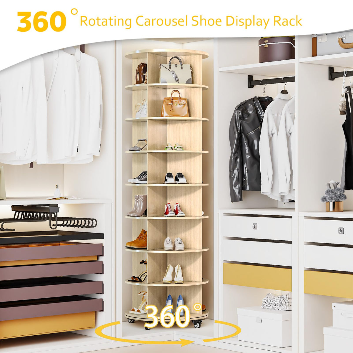 YODOLLA  8 Tier Rotating Shoe Rack, Shoe Tower Organizer Storage with Wheels