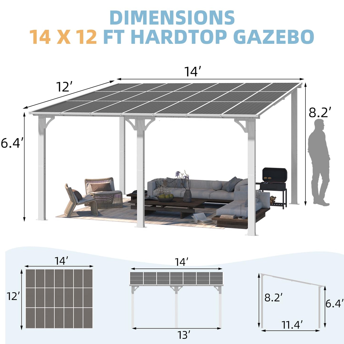 YODOLLA 14' x 12' Gazebo Outdoor Pergola for Patio Large Wall-Mounted Lean to Pergolas