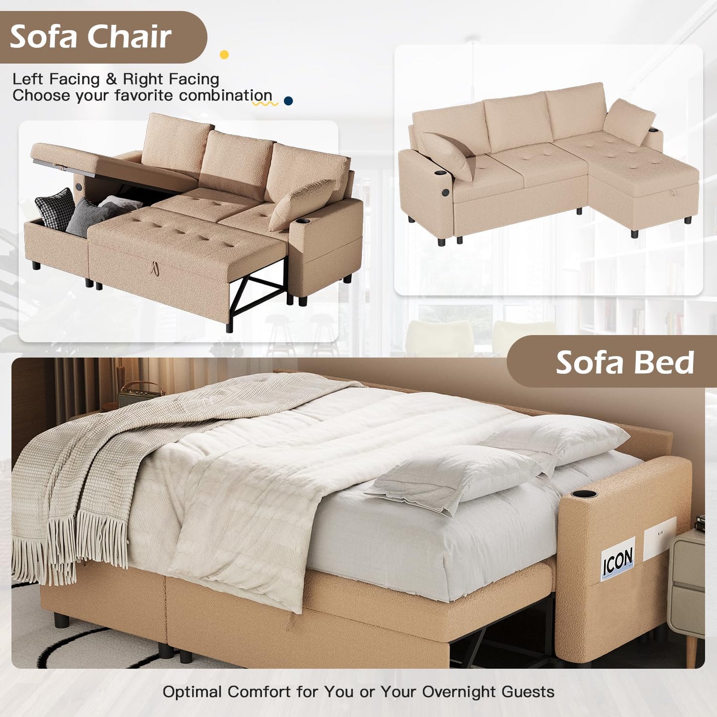 YODOLLA 83.5" Teddy Fleece Sleeper Sofa Sectional Sofa Bed Couches, Beige