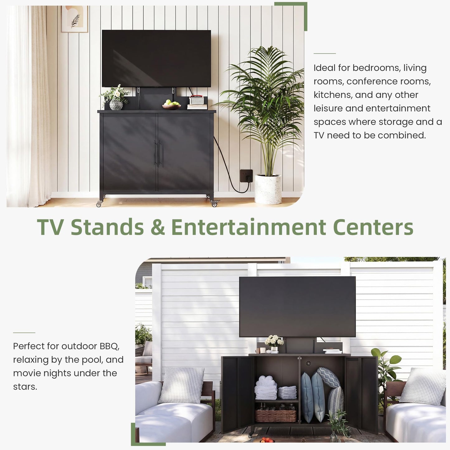 YODOLLA Mobile TV Stand on Wheels Outdoor Storage Cabinet with TV Mount