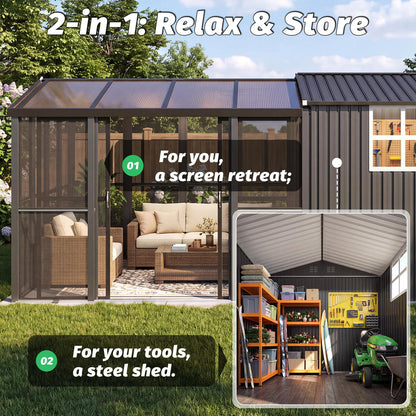 YODOLLA 10x10 Sunroom with 6x10 Shed with Window 2-in-1 Patio Shelter