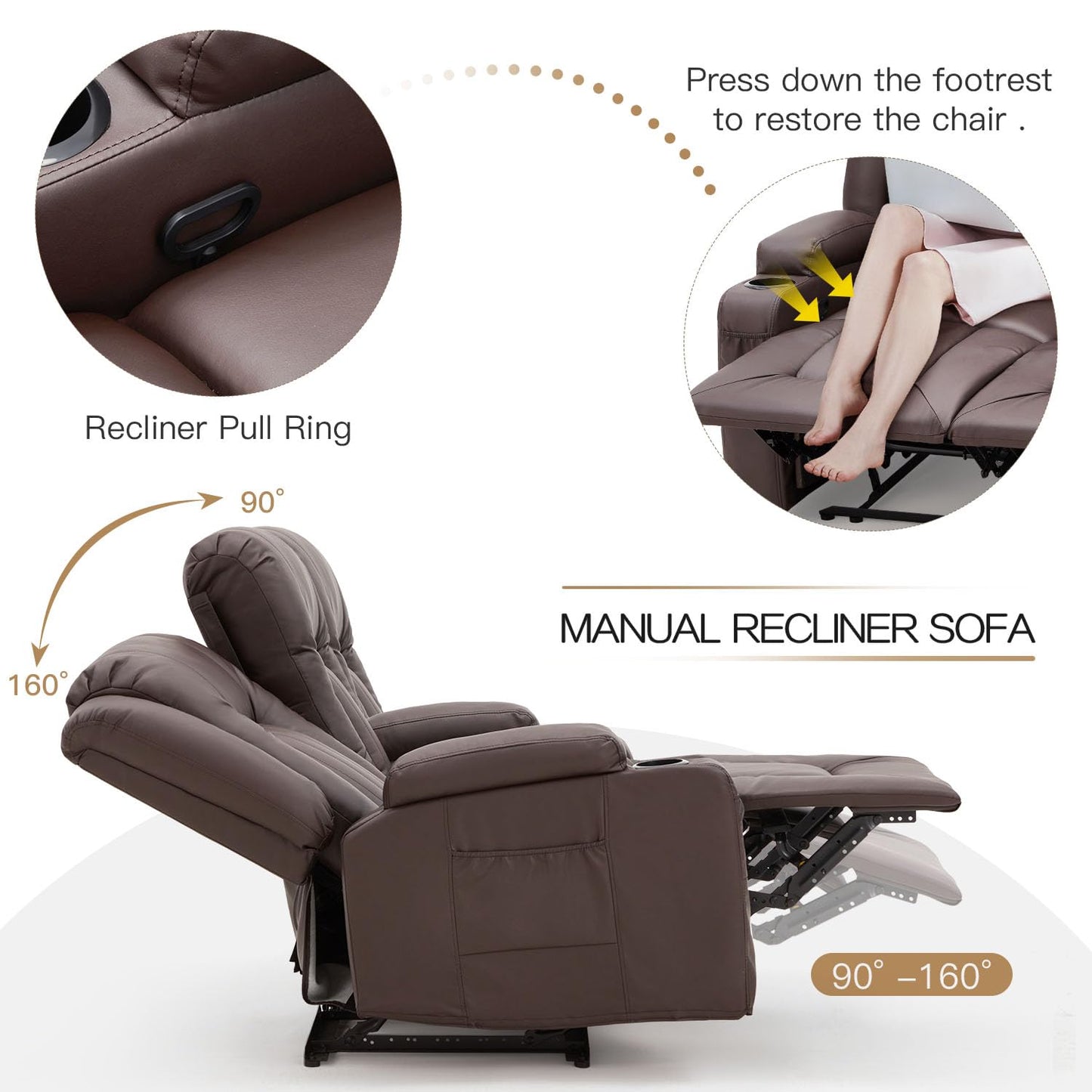YODOLLA 77" Recliner Sofa Theater Seating with Cup Holders&Side Pockets, Brown