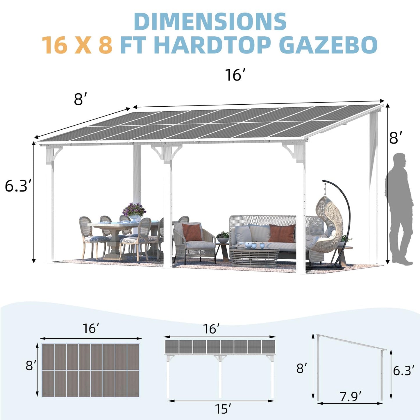 YODOLLA 16' x 8' Gazebo Outdoor Pergola Hard Top Lean to Gazebo Shelter Pergolas,White