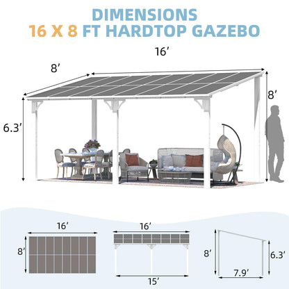 YODOLLA 16' x 8' Gazebo Outdoor Pergola Hard Top Lean to Gazebo Shelter Pergolas,White
