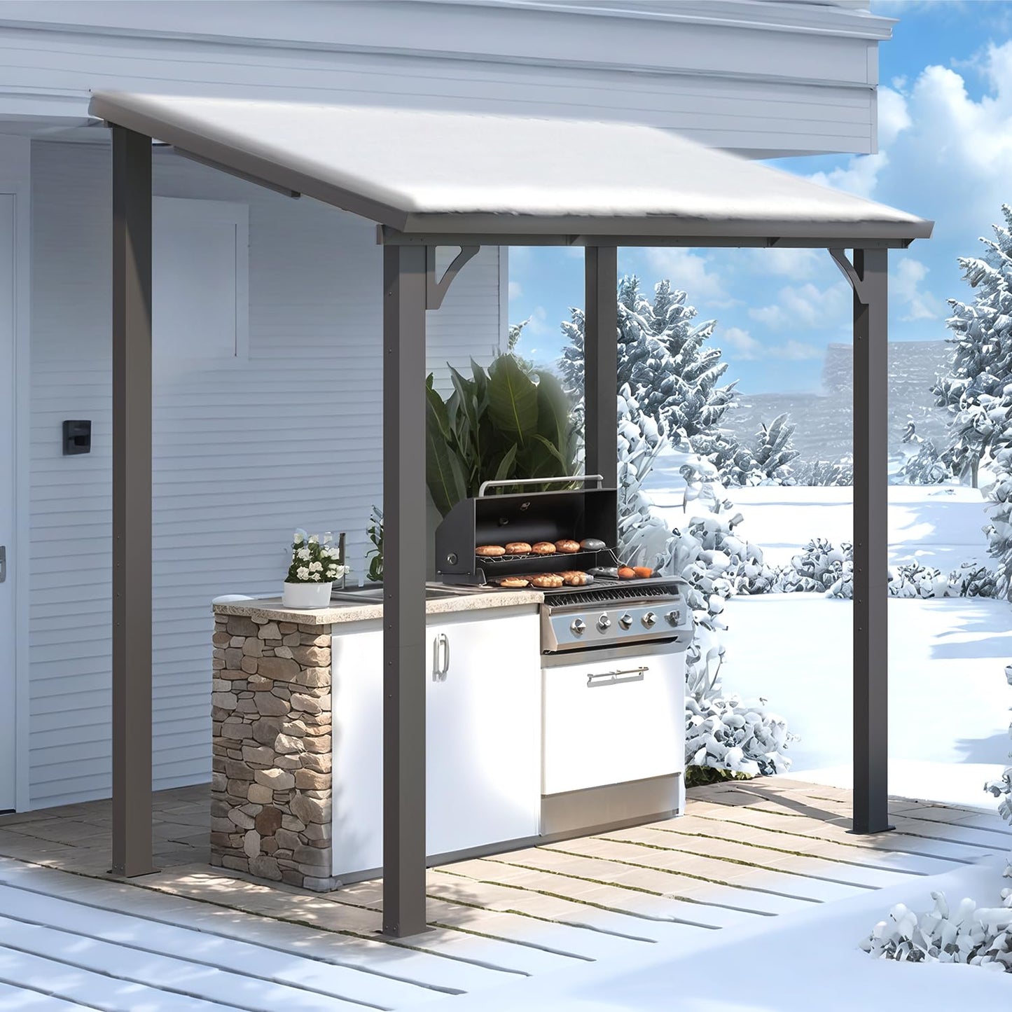 YODOLLA 8'x5' Hardtop Gazebo, Wall-Mounted Lean to Metal Awnings Pergola