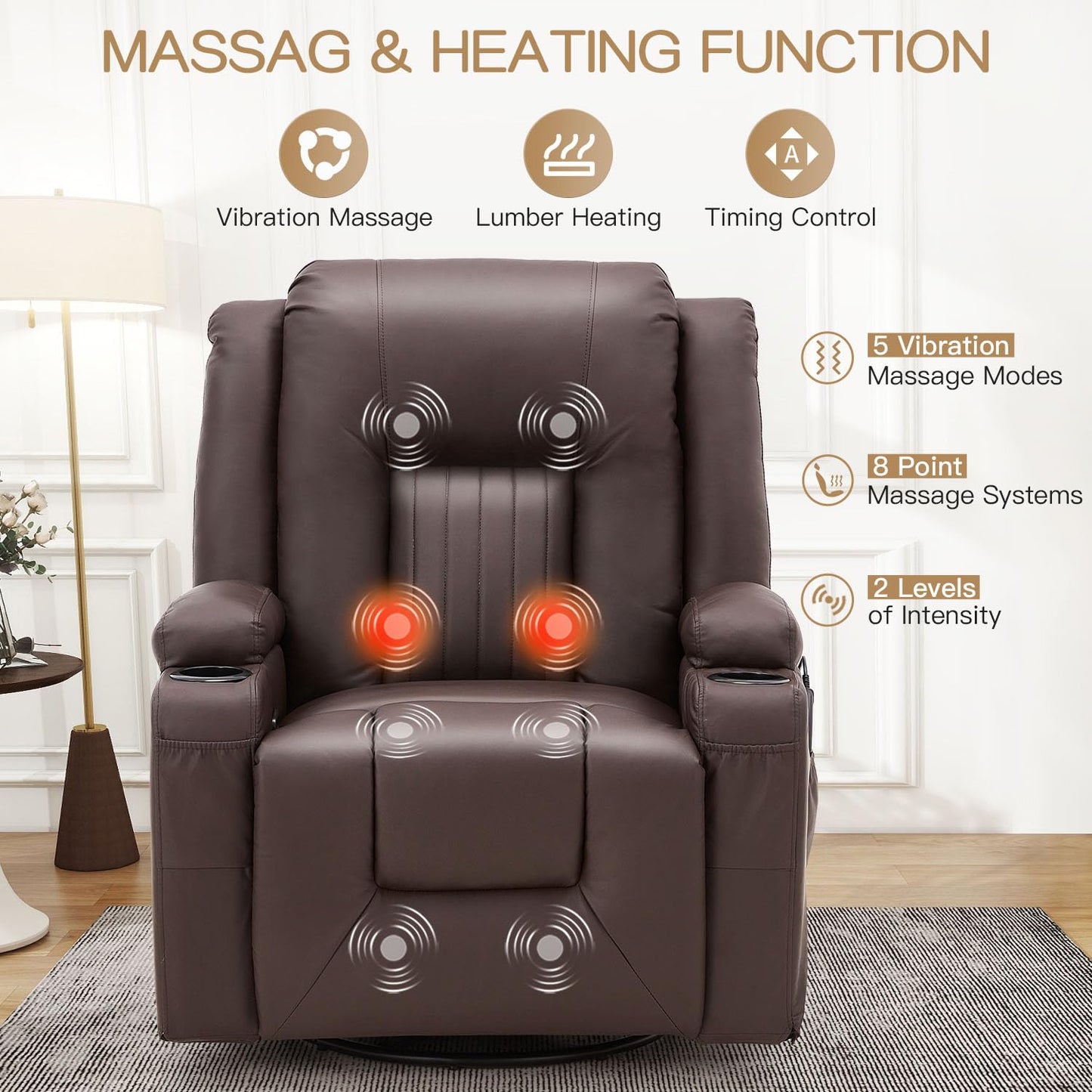 YODOLLA Recliner Chair with Heat&Massage, PU Leather Brown