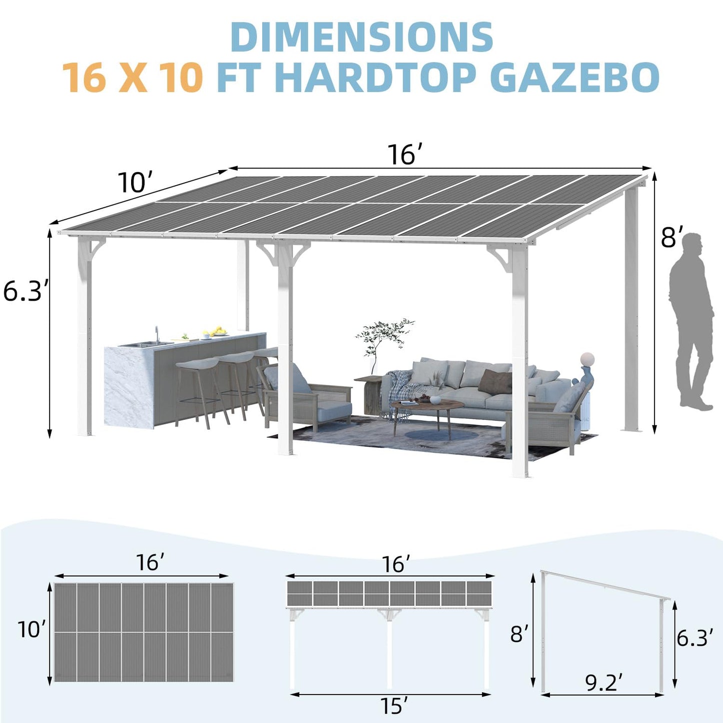 YODOLLA 16' x 10' Gazebo Outdoor Wall-Mounted Hard Top Lean to Metal Pergolas, White