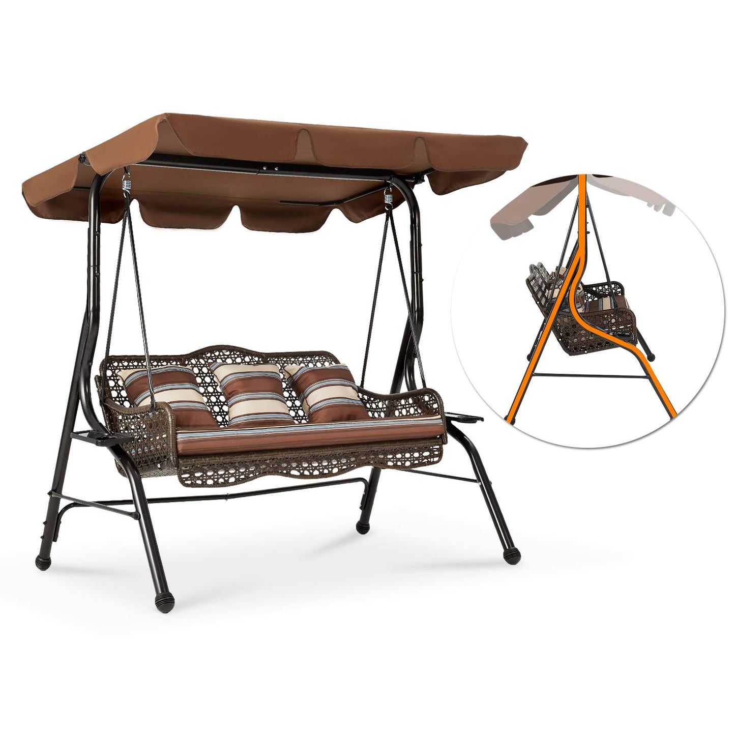 YODOLLA 3-Seat Outdoor Patio Swing Chair, Large Converting Canopy Porch Swing Glider