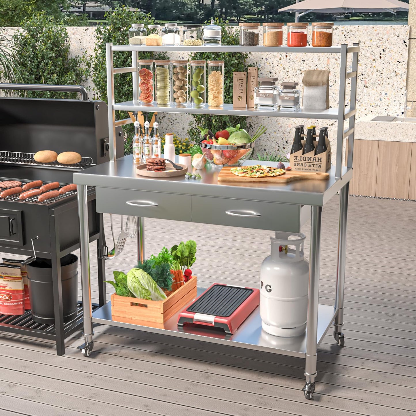 YODOLLA 48"x24" Stainless Steel Table with Shelves and Drawer