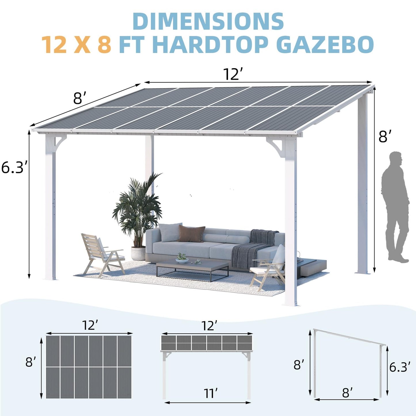 YODOLLA 12' x 8' Outdoor Gazebo Pergola for Patio, Large Hardtop Lean to Shelter Pergolas