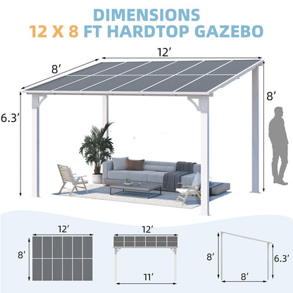YODOLLA 12' x 8' Outdoor Gazebo Pergola for Patio, Large Hardtop Lean to Shelter Pergolas