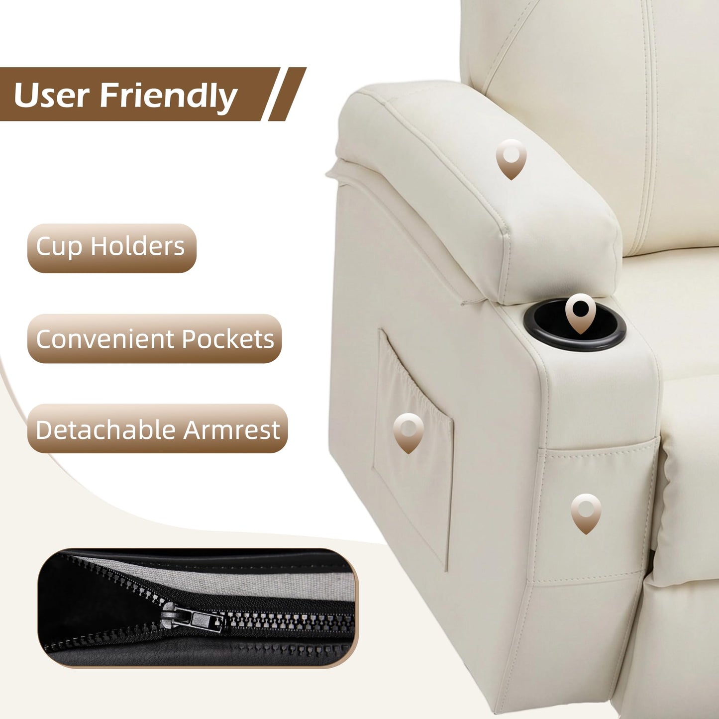 YODOLLA Power Lift Recliner Chair for Elderly with Side Pockets PU Leather, White