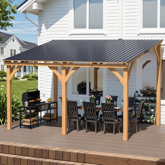 YODOLLA 12' x 10' Outdoor Wood Gazebo Lean to Hardtop Cedar Pergolas