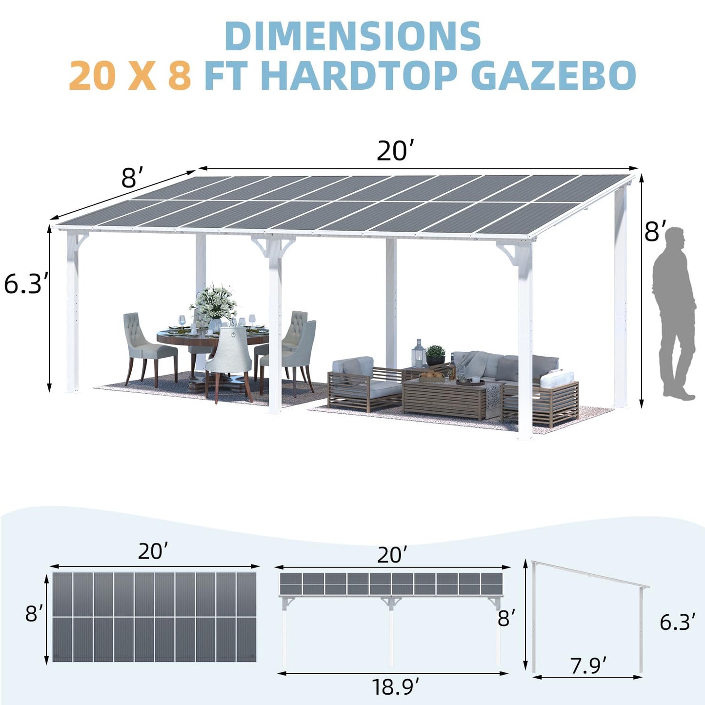 YODOLLA 20' x 8' Gazebo Wall-Mounted Hard Top Lean to Metal Shelter Pergolas, White