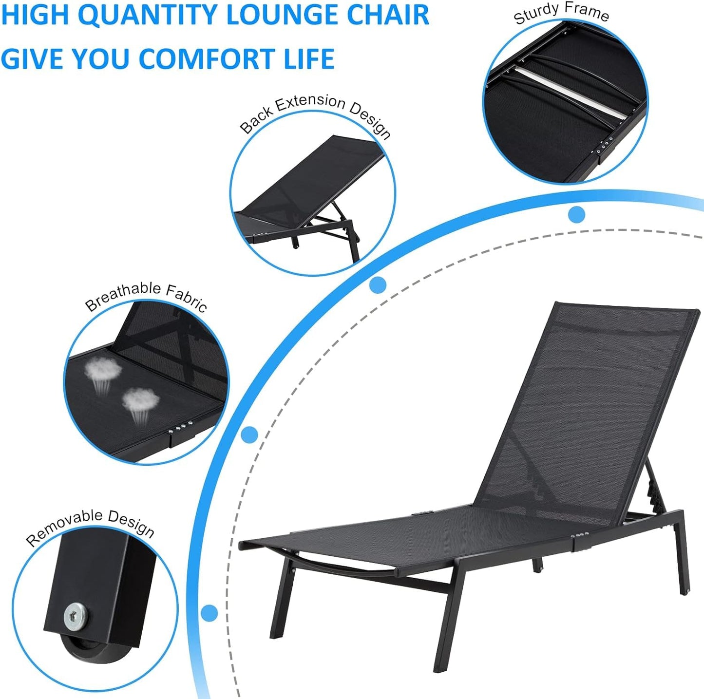 YODOLLA Patio Lounge Chairs Adjustable 5-Position Outdoor Chaise Lounge with Wheels