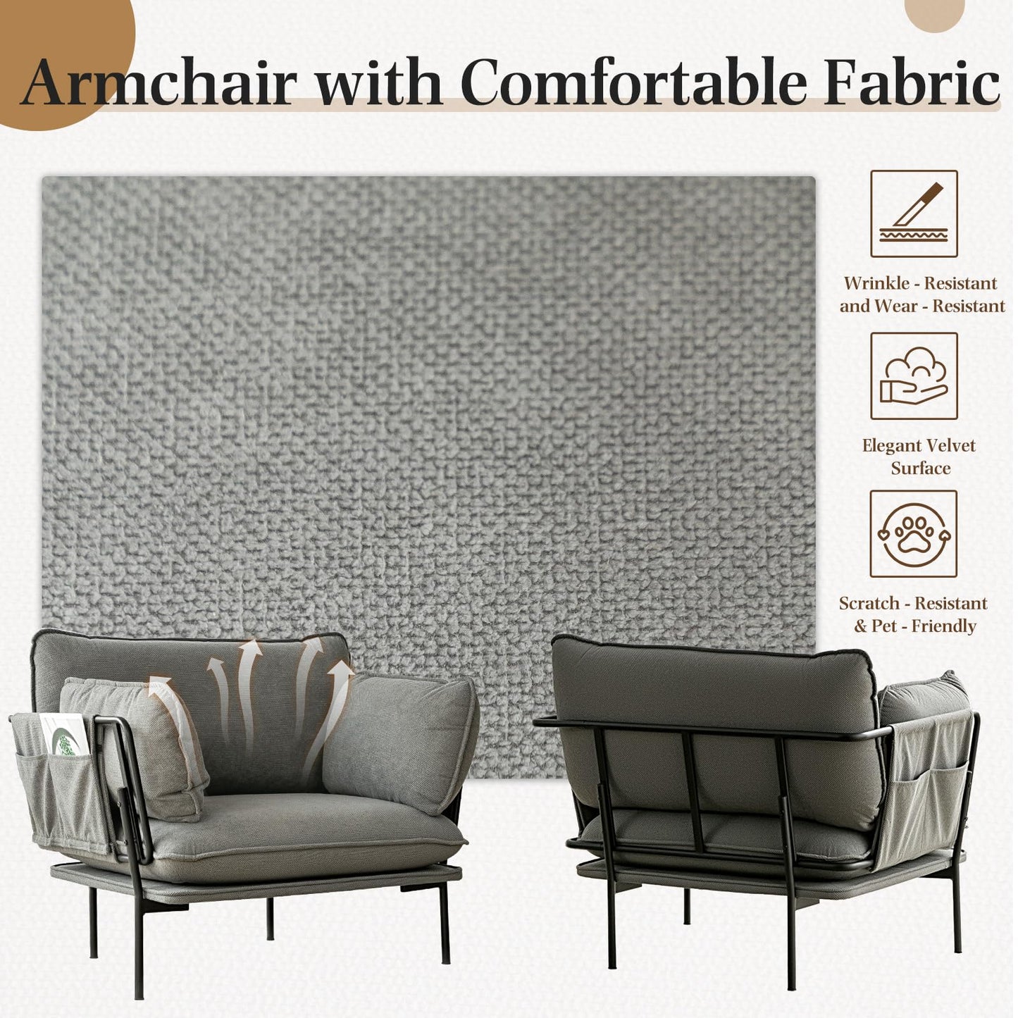 YODOLLA Modern Accent Chair with Wide Seat, Armchair, Grey