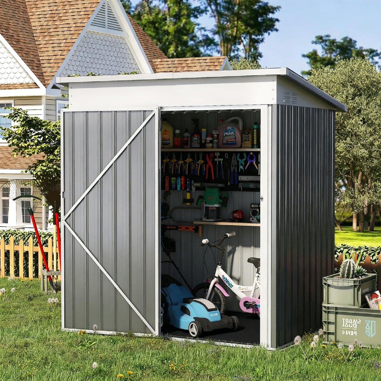 YODOLLA 5'x3' Outdoor Storage Shed with Floor Base Small Metal Garden Sheds