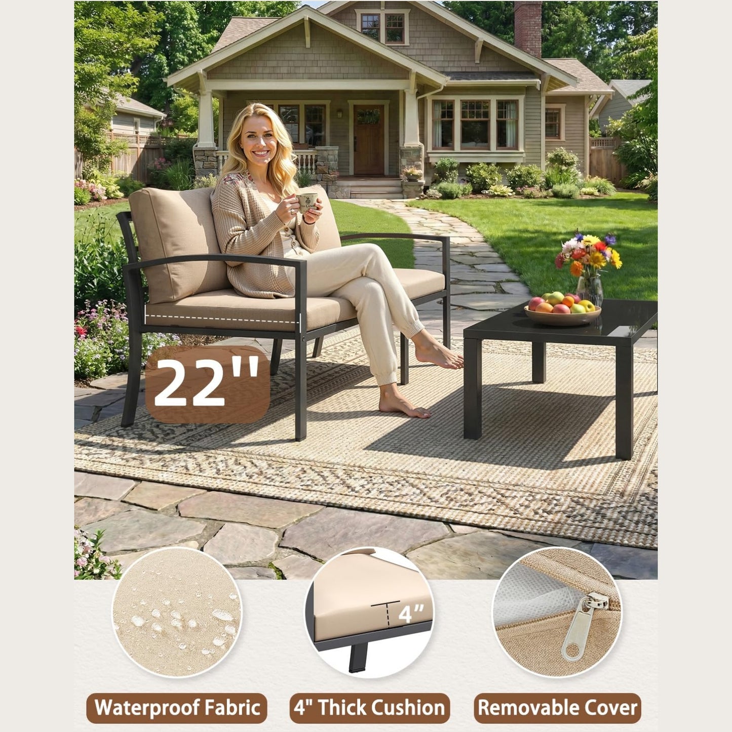 YODOLLA Metal Patio Furniture Set 7 Seats Modern Outdoor Furniture with Coffee Table & Side Table
