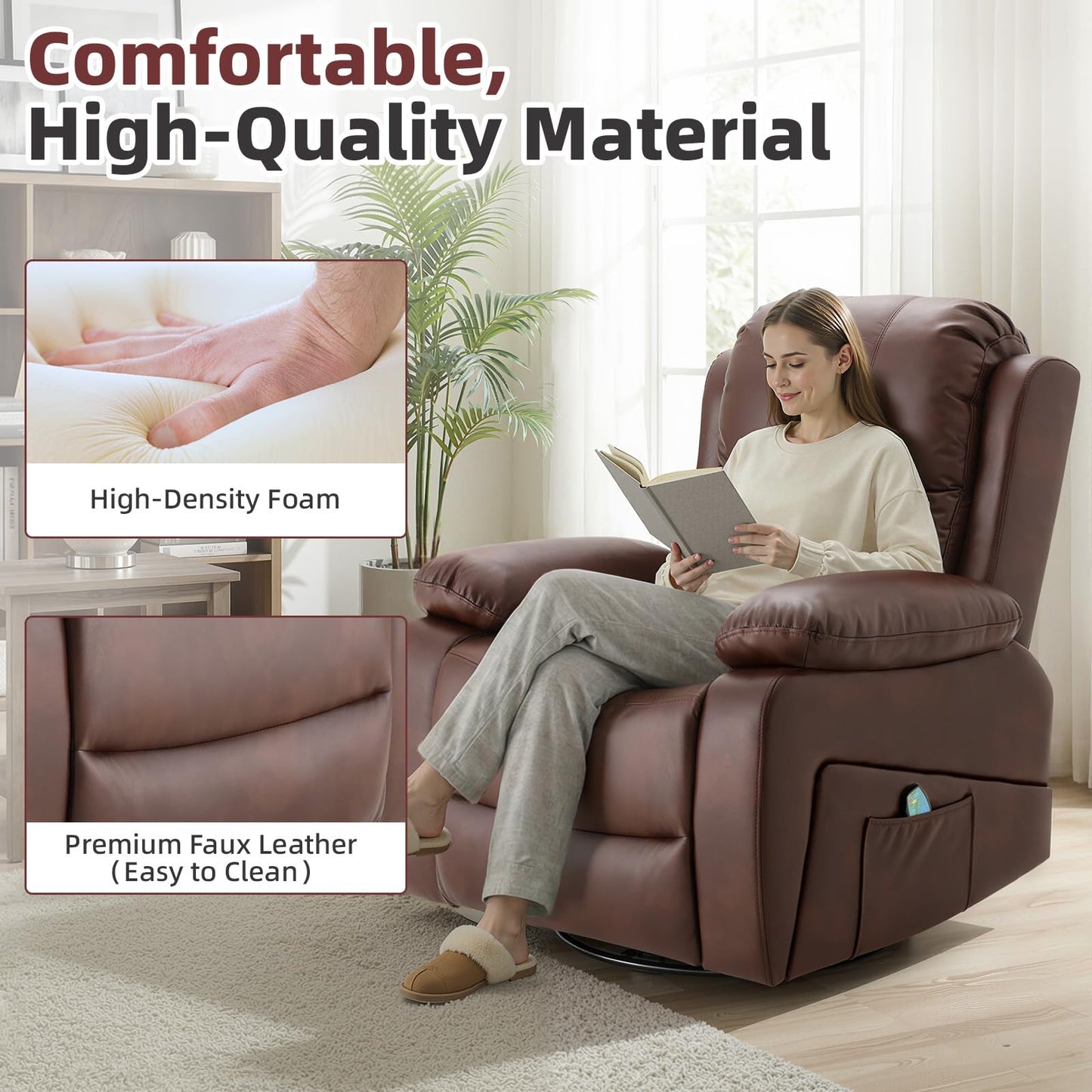 YODOLLA 360° Swivel Recliner Chair with Massage and Heat, Brown