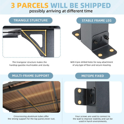 YODOLLA 12' x 12' Gazebo Outdoor Pergola, Wall-Mounted Hard Top Metal Gazebo Shelter