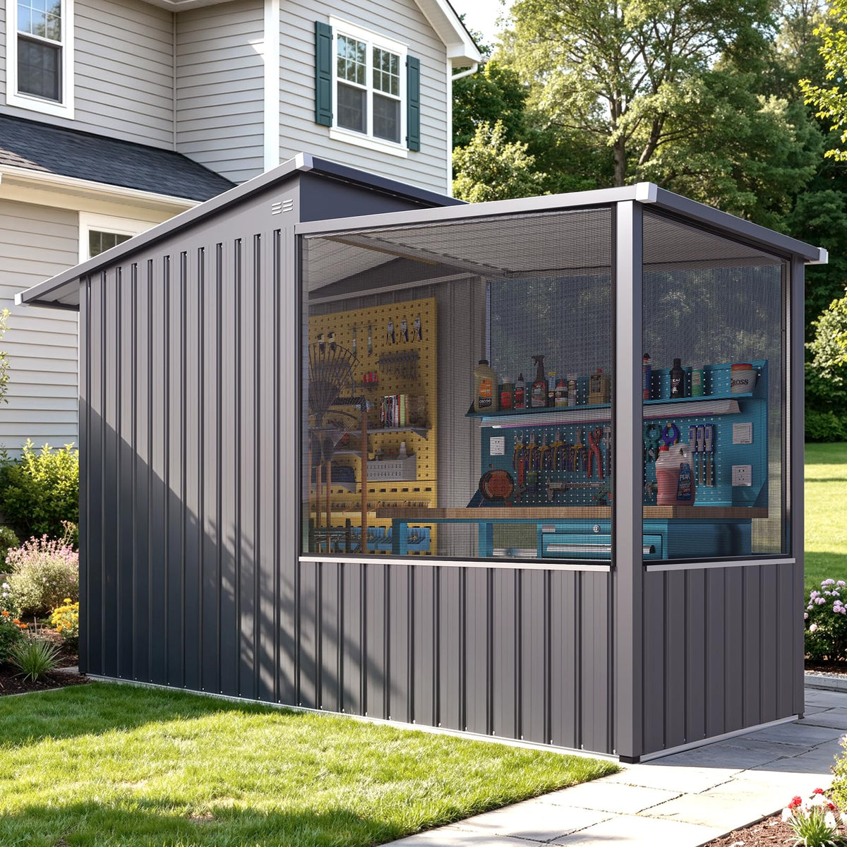 YODOLLA 3'x8' Metal Outdoor Storage Shed with Mesh Window, Garden Shed