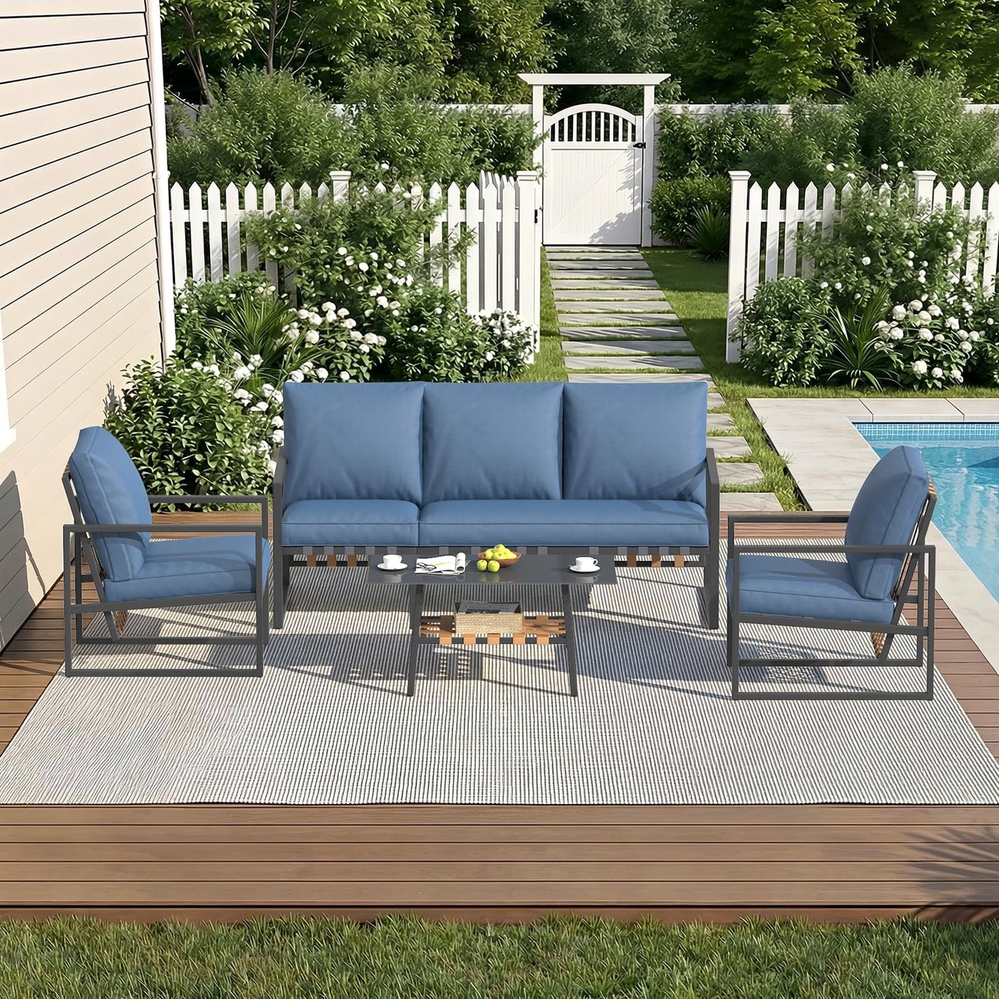YODOLLA 4 Piece Outdoor Garden Furniture Set, 3-Seater Sofa & 2 Armchairs