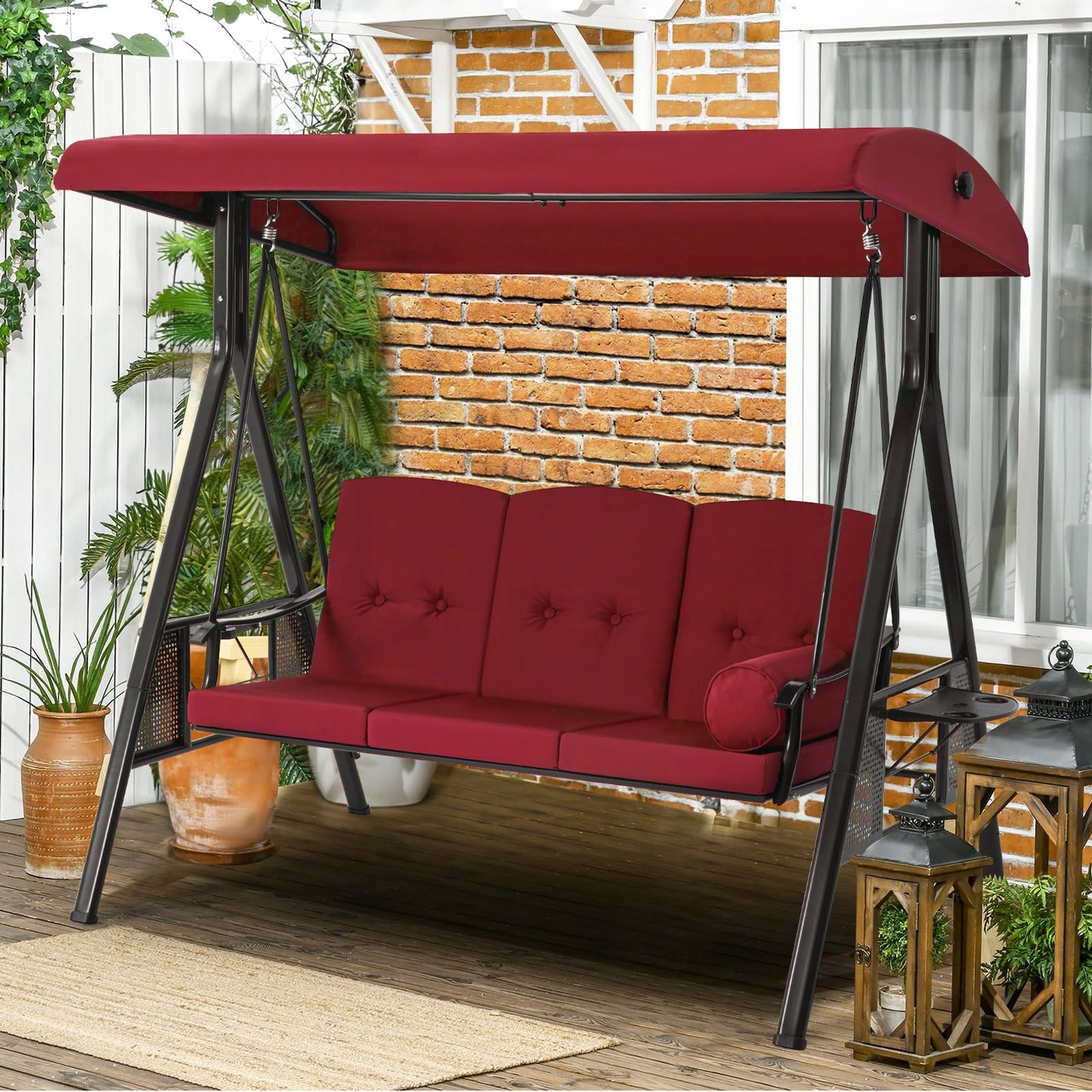 YODOLLA  3-Seat Patio Porch Swing Chair, Red