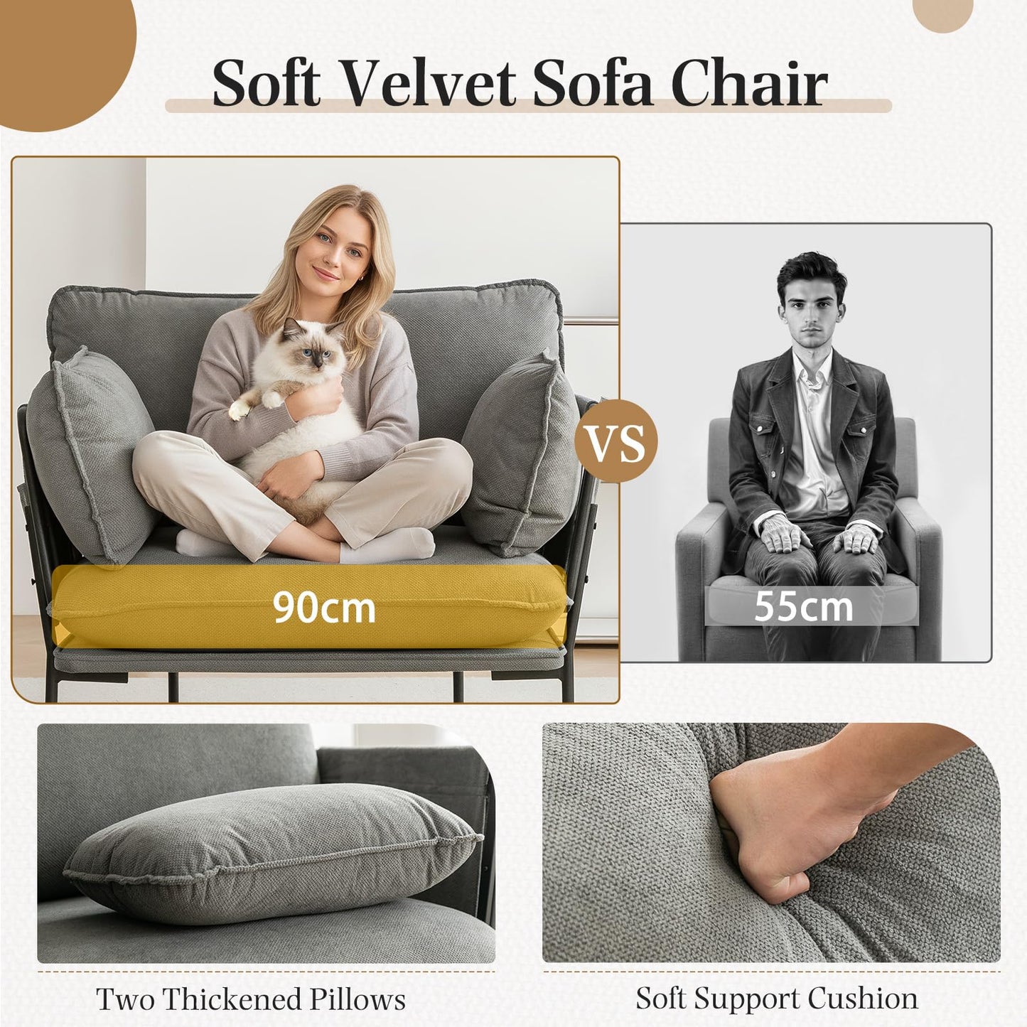 YODOLLA Modern Accent Chair with Wide Seat, Armchair, Grey