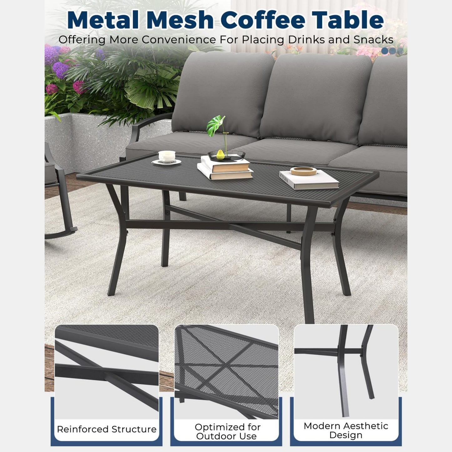 YODOLLA 4-Piece Outdoor Patio Furniture Set with Rocking Chair, Metal Mesh Conversation Bistro Set