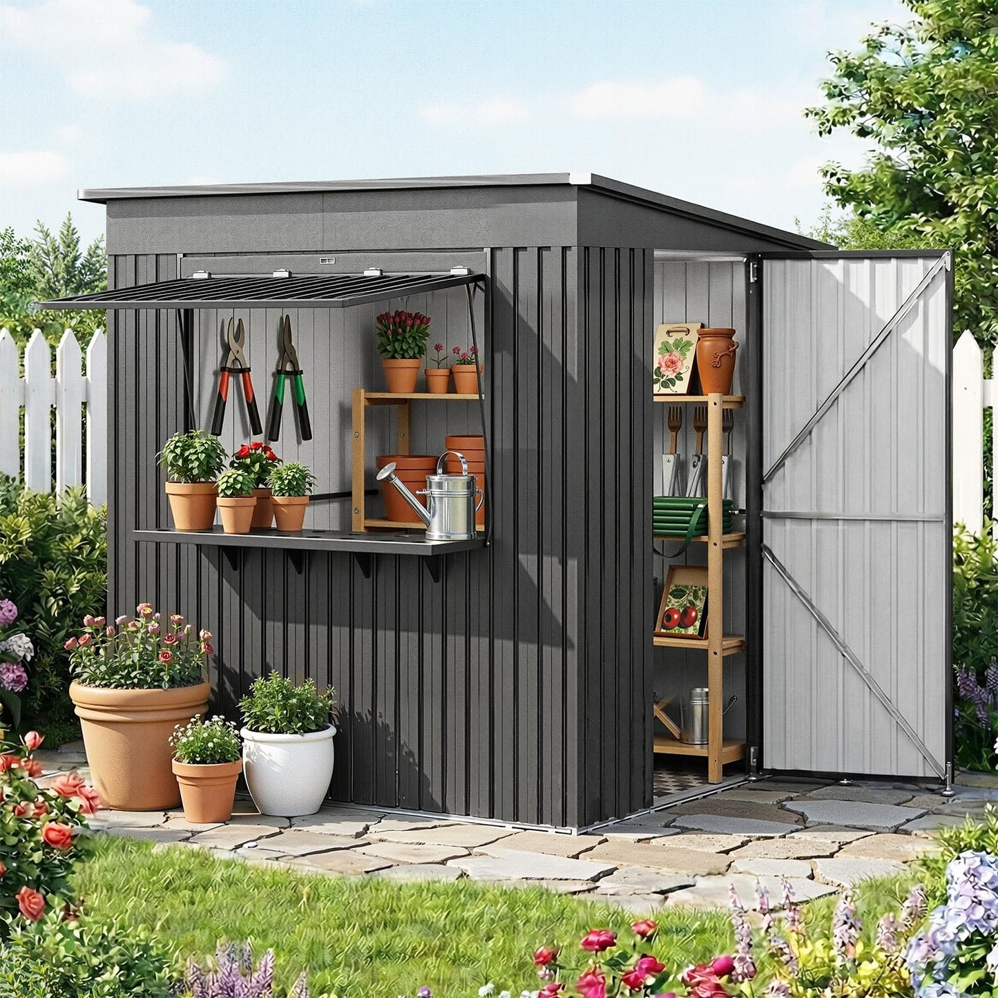 YODOLLA 8x4 FT Outdoor Storage Shed with Bar Counter, 2-in-1 Patio Metal Backyard Bar & Tool Storage Cabinet